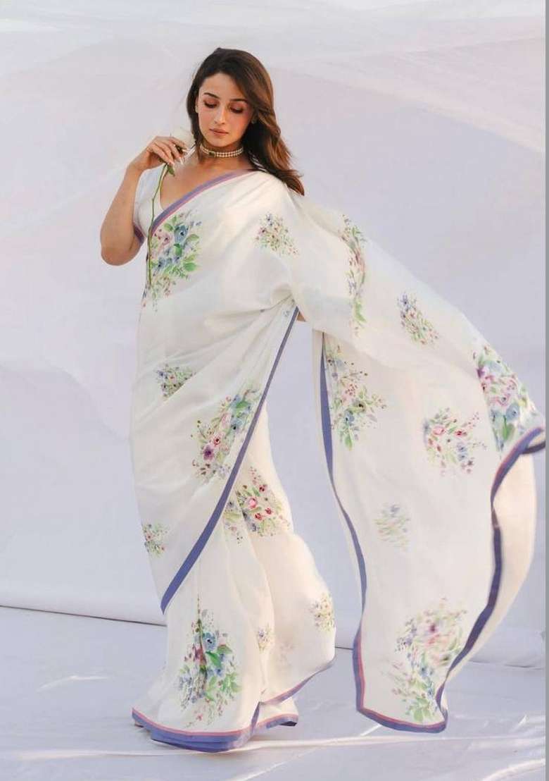 White Floral Print Model Saree Set - Indya
