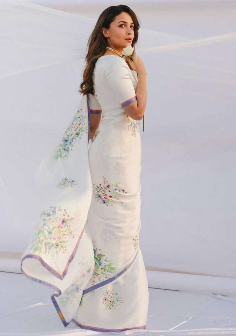 White Floral Print Model Saree Set - Indya