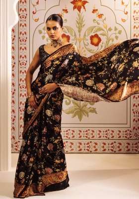 Teal Floral Print Model Saree Set
