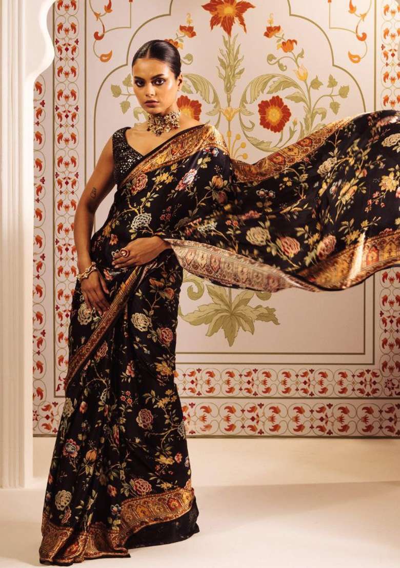 Teal Floral Print Model Saree Set - Indya