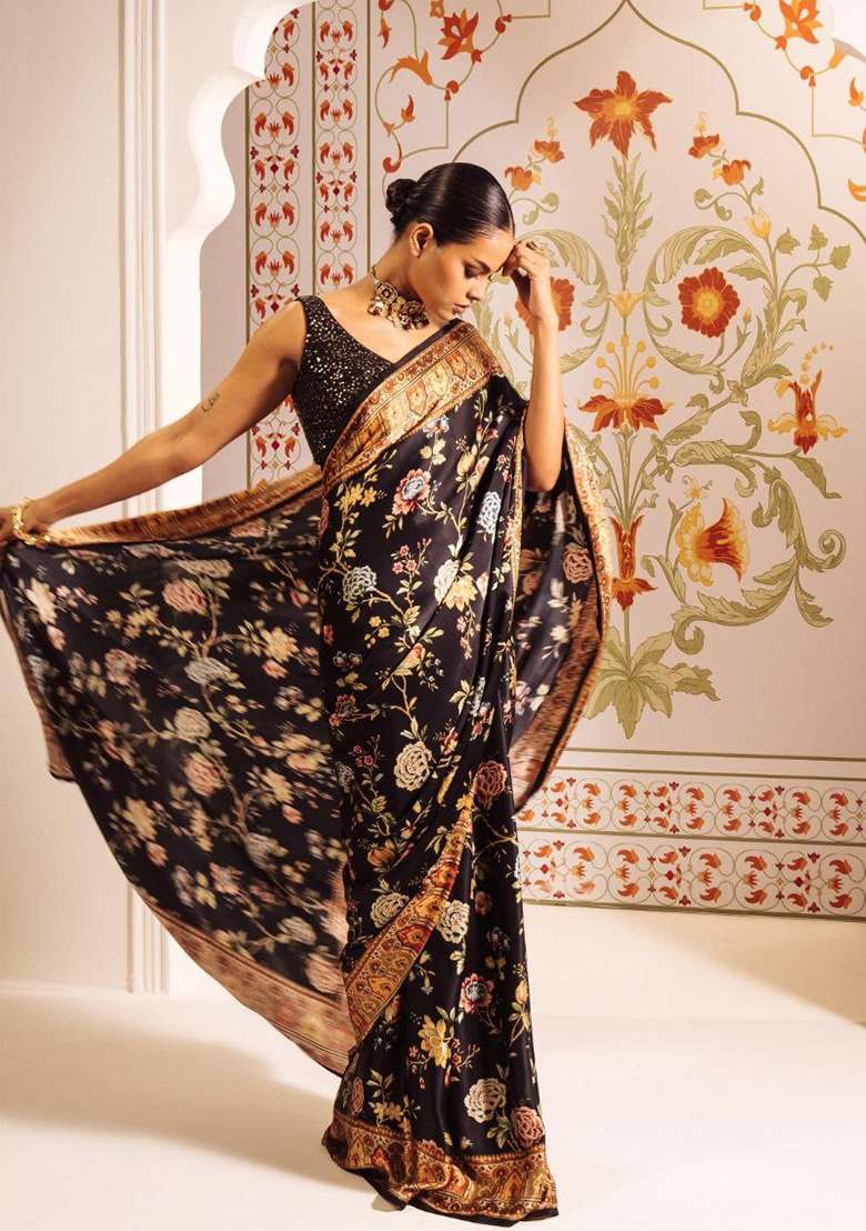 Teal Floral Print Model Saree Set - Indya