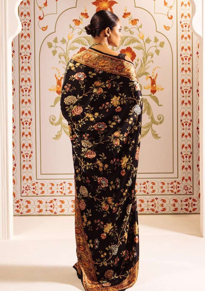 Teal Floral Print Model Saree Set - Indya