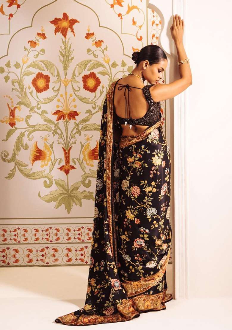 Teal Floral Print Model Saree Set - Indya