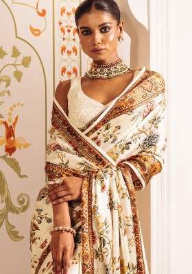 White Floral Print Model Saree Set