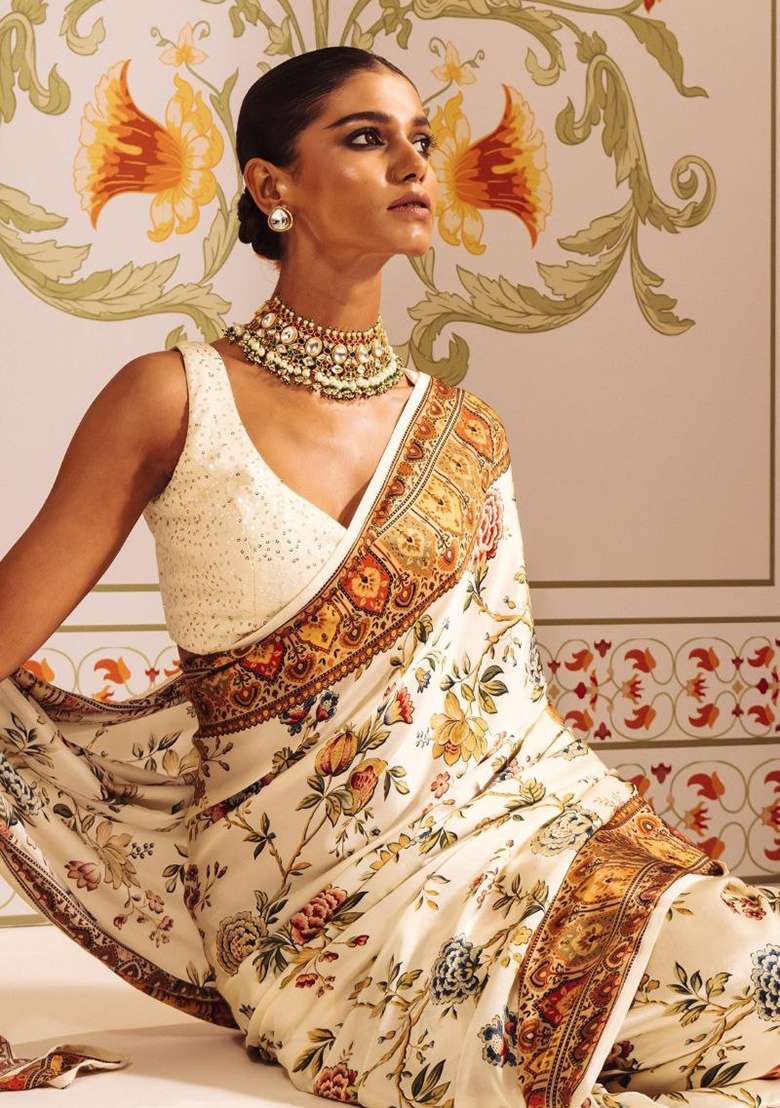 White Floral Print Model Saree Set - Indya