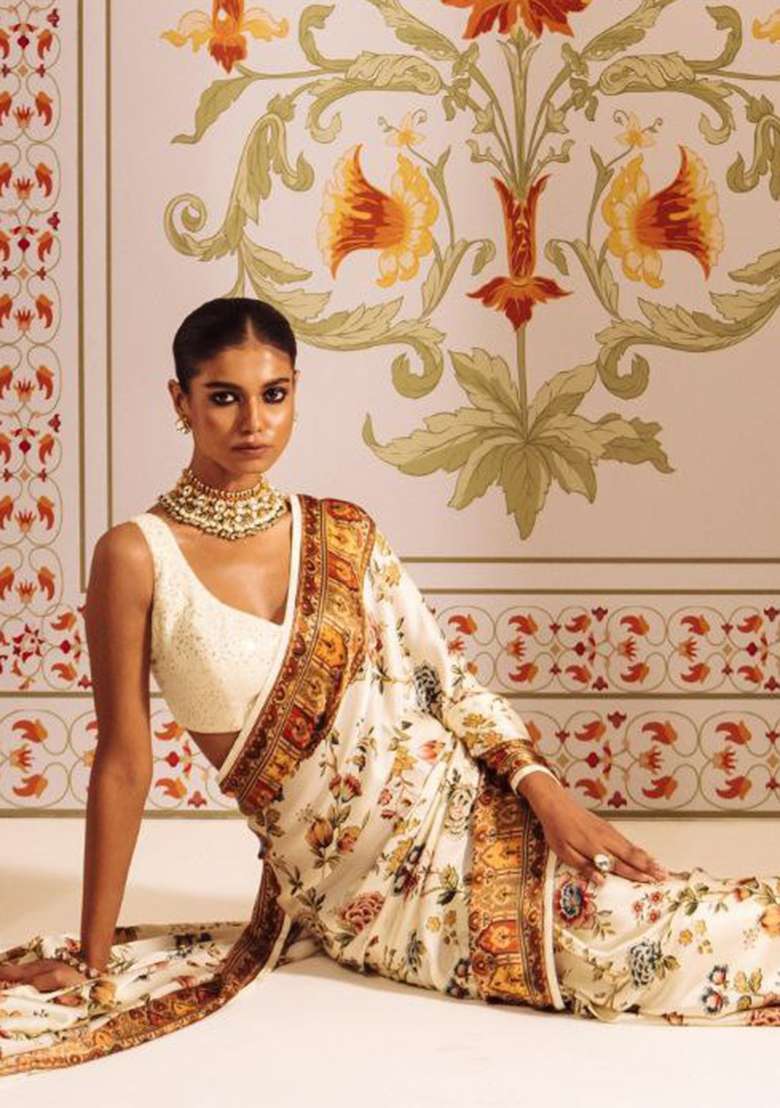 White Floral Print Model Saree Set - Indya