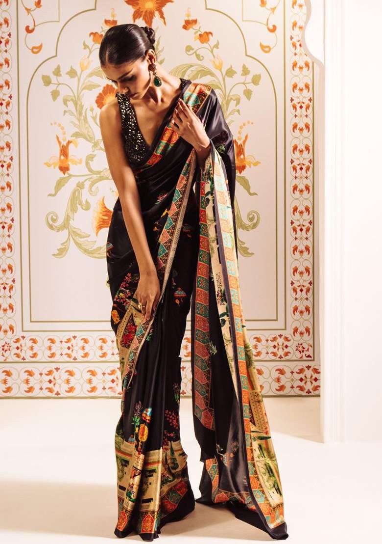 Black Floral Print Model Saree Set - Indya