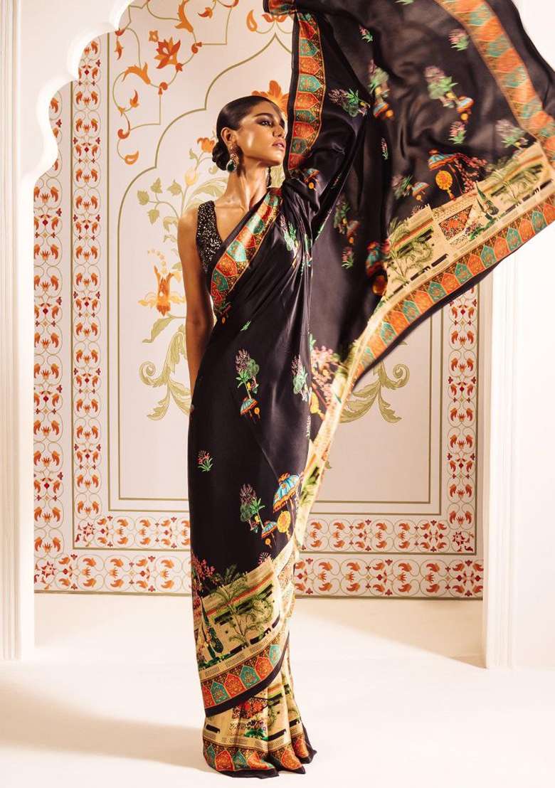 Black Floral Print Model Saree Set - Indya