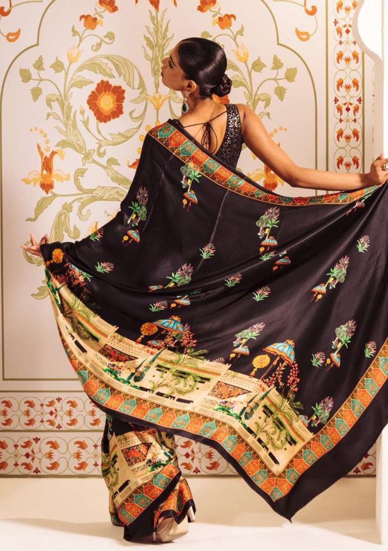 Black Floral Print Model Saree Set - Indya