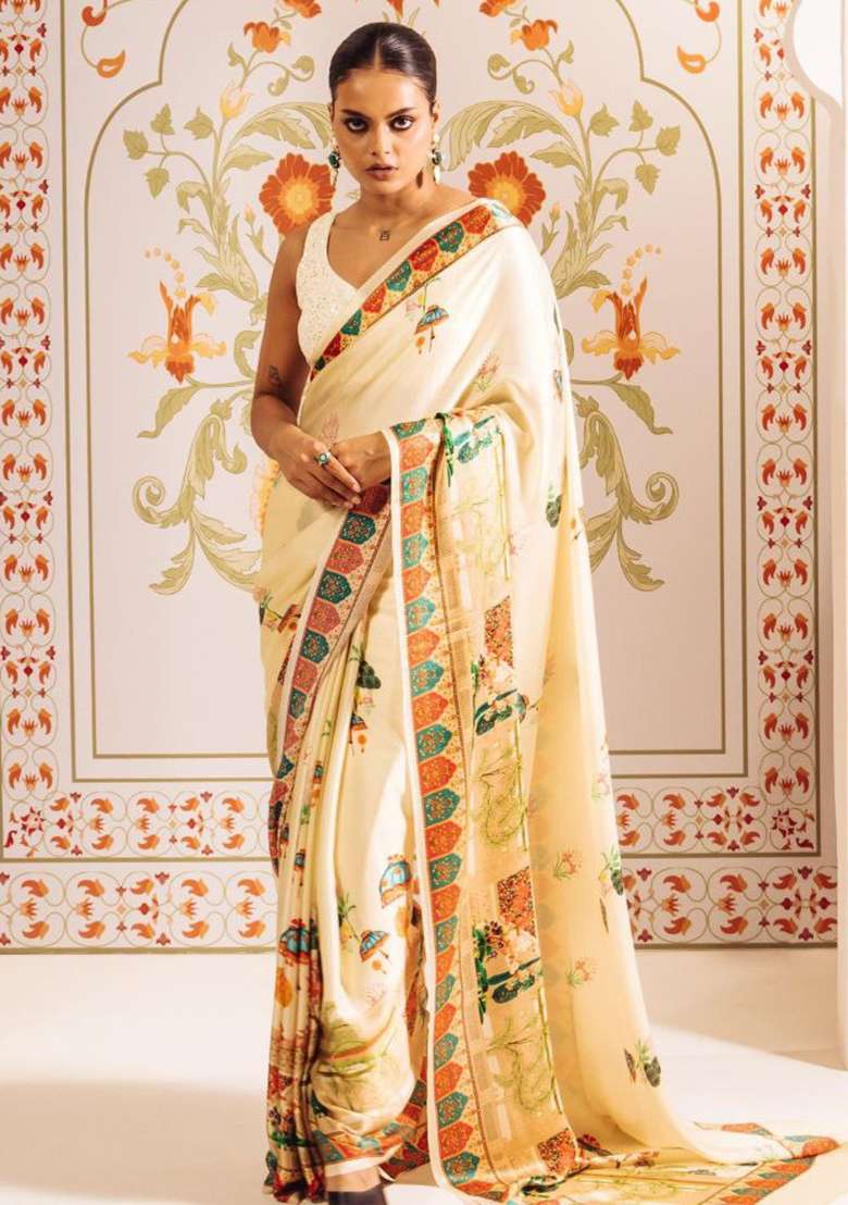 White Floral Print Model Saree Set - Indya