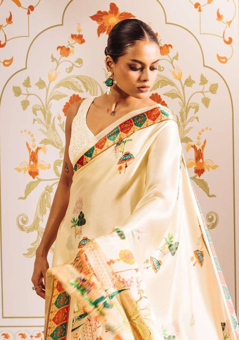 White Floral Print Model Saree Set - Indya