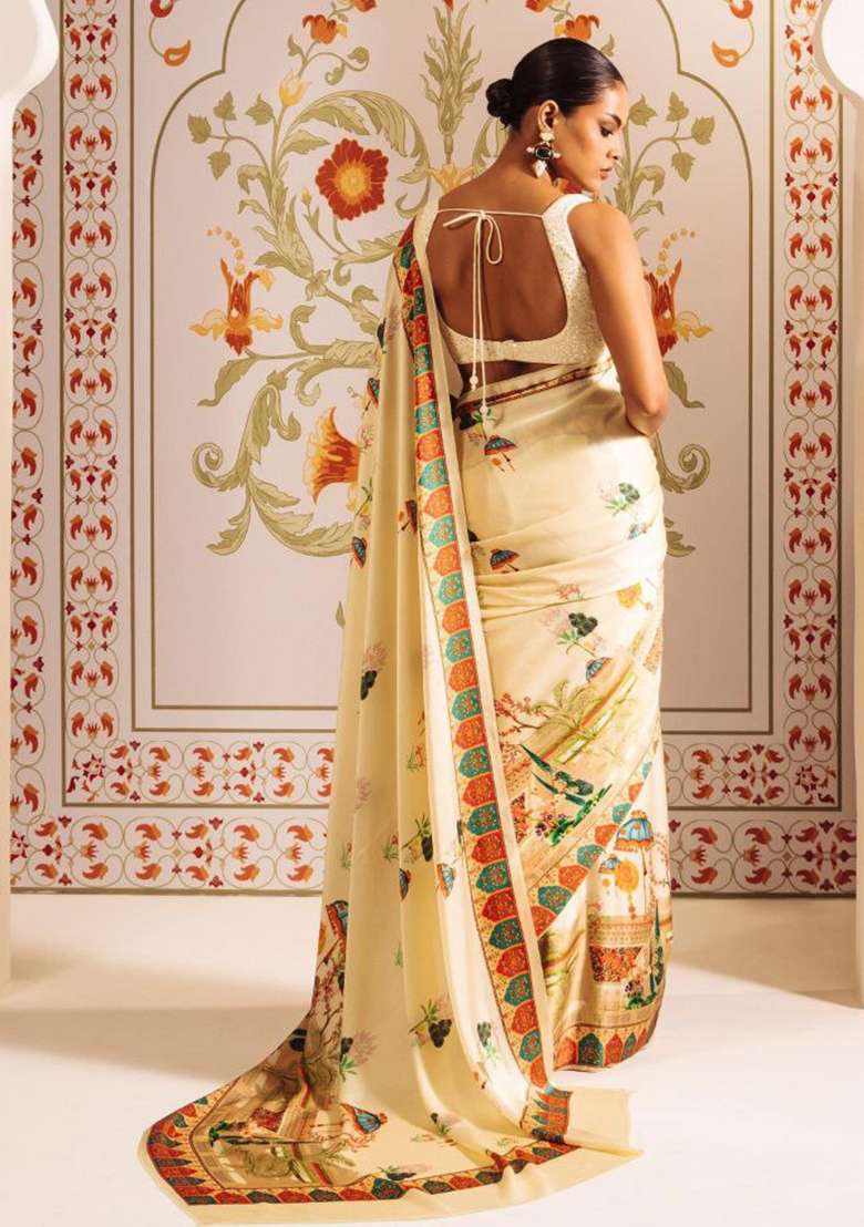 White Floral Print Model Saree Set - Indya
