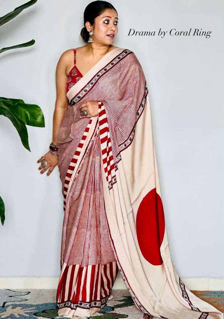 Cream Floral Print Model Saree Set - Indya
