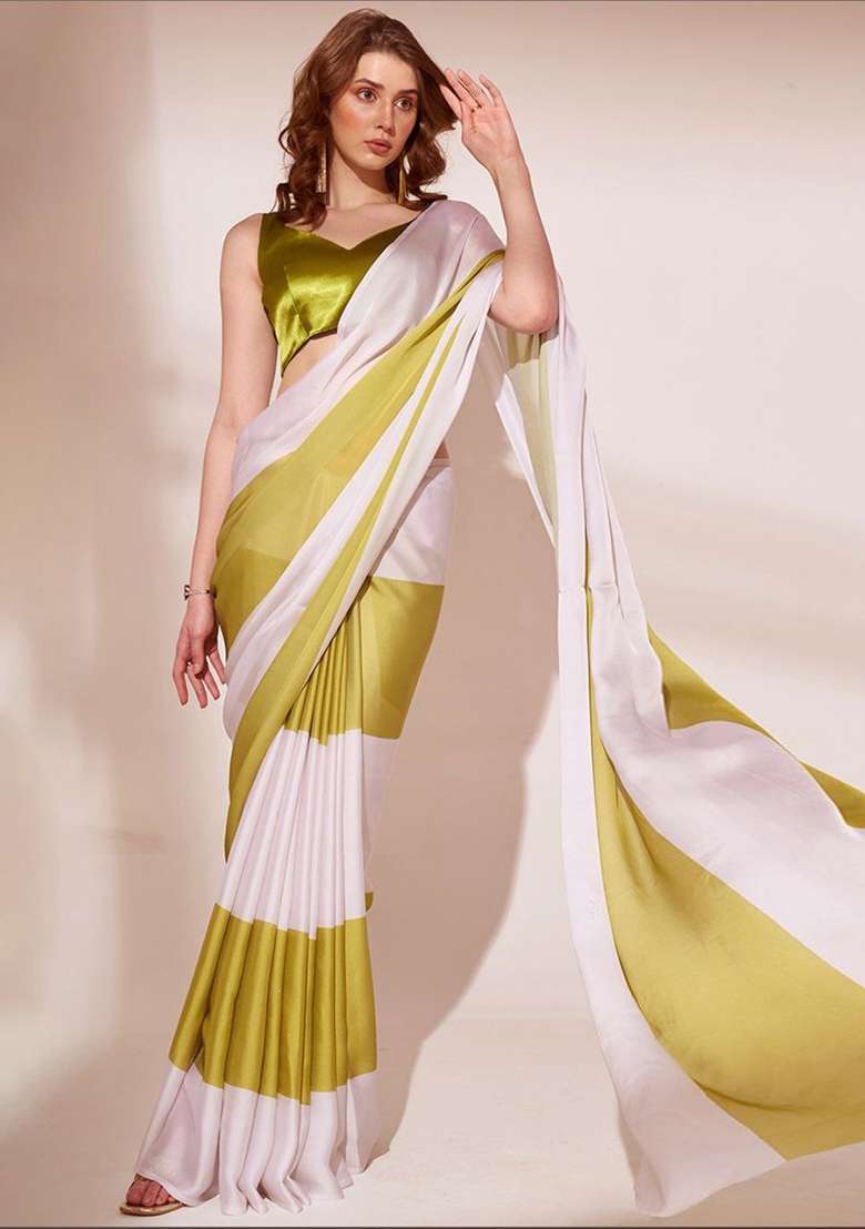 White Floral Print Model Saree Set - Indya