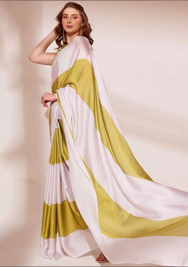White Floral Print Model Saree Set - Indya