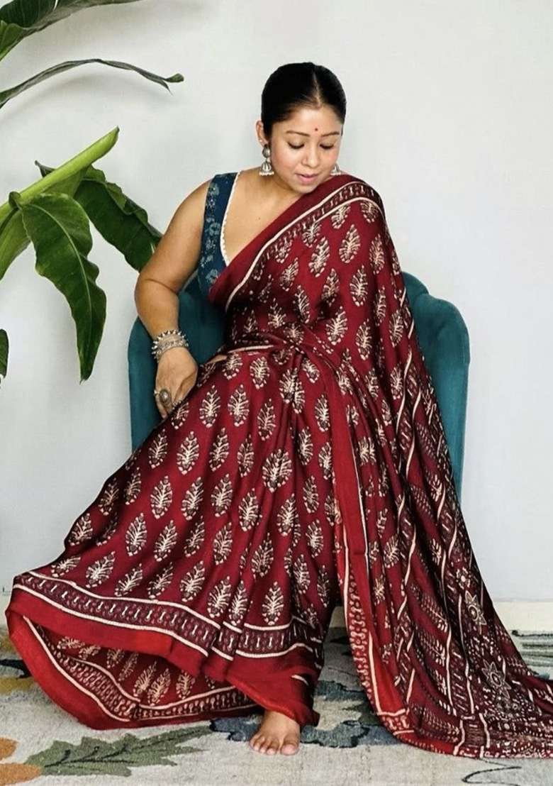 Maroon Floral Print Model Saree Set - Indya