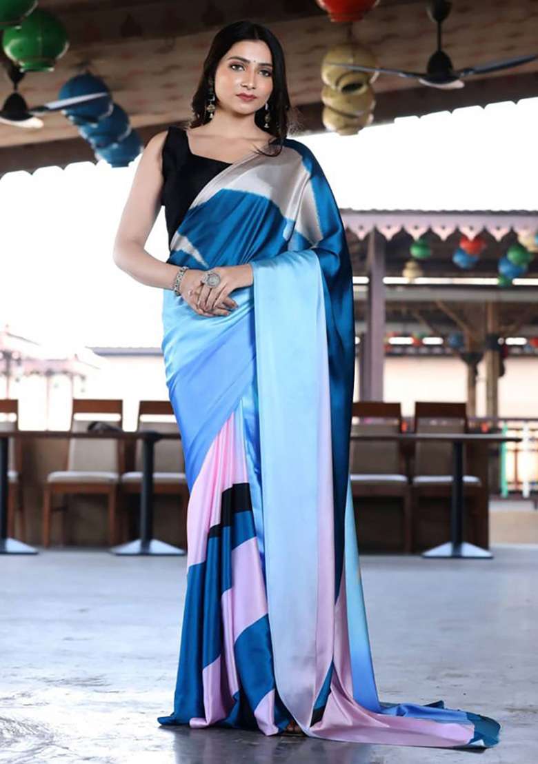 Multicolor Block Print Model Saree Set - Indya