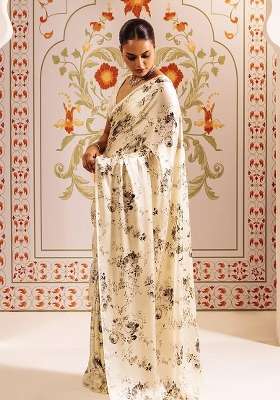 White Floral Print Model Saree Set