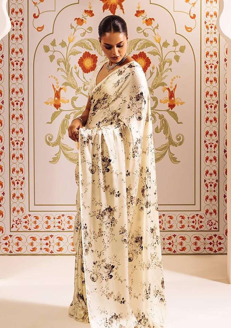 White Floral Print Model Saree Set - Indya