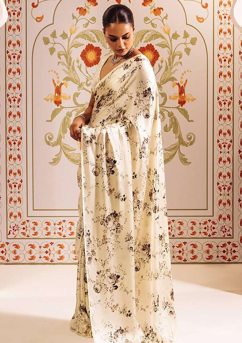 White Floral Print Model Saree Set - Indya