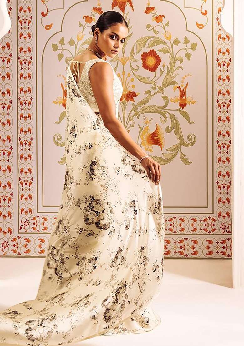 White Floral Print Model Saree Set - Indya