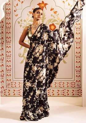 Black Floral Print Model Saree Set