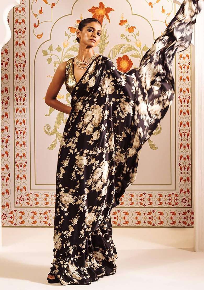 Black Floral Print Model Saree Set - Indya