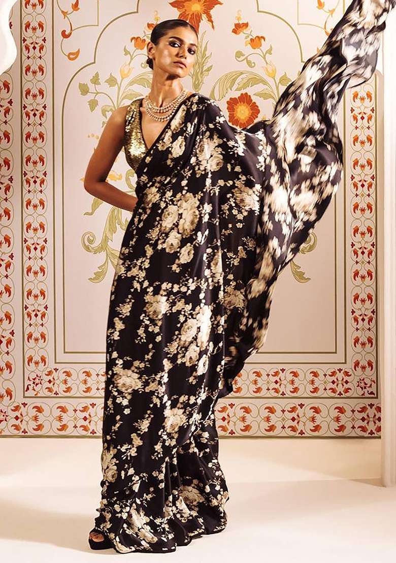 Black Floral Print Model Saree Set - Indya