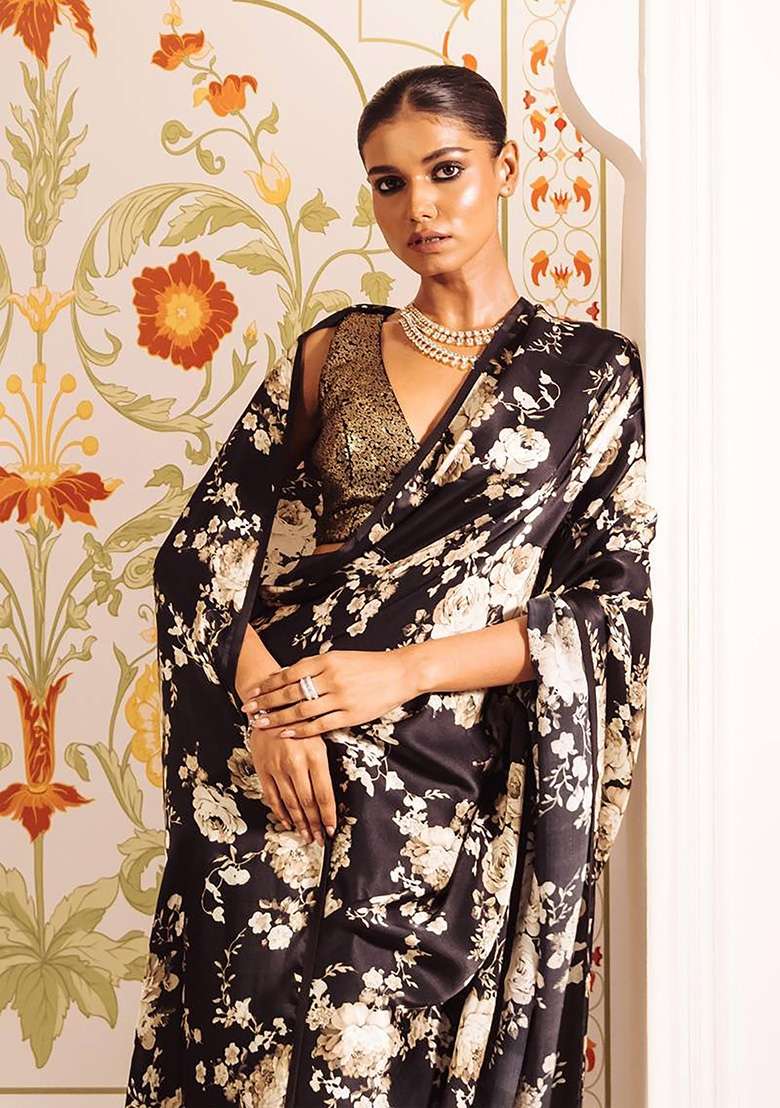 Black Floral Print Model Saree Set - Indya