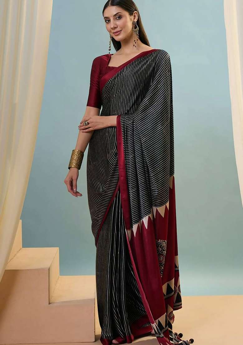 Black Striped Model Saree Set - Indya