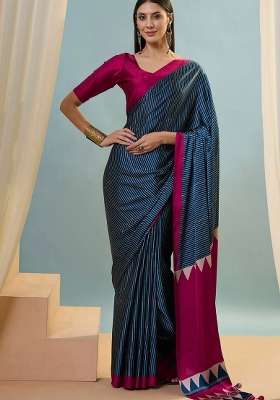 Navy Blue Striped Model Saree Set