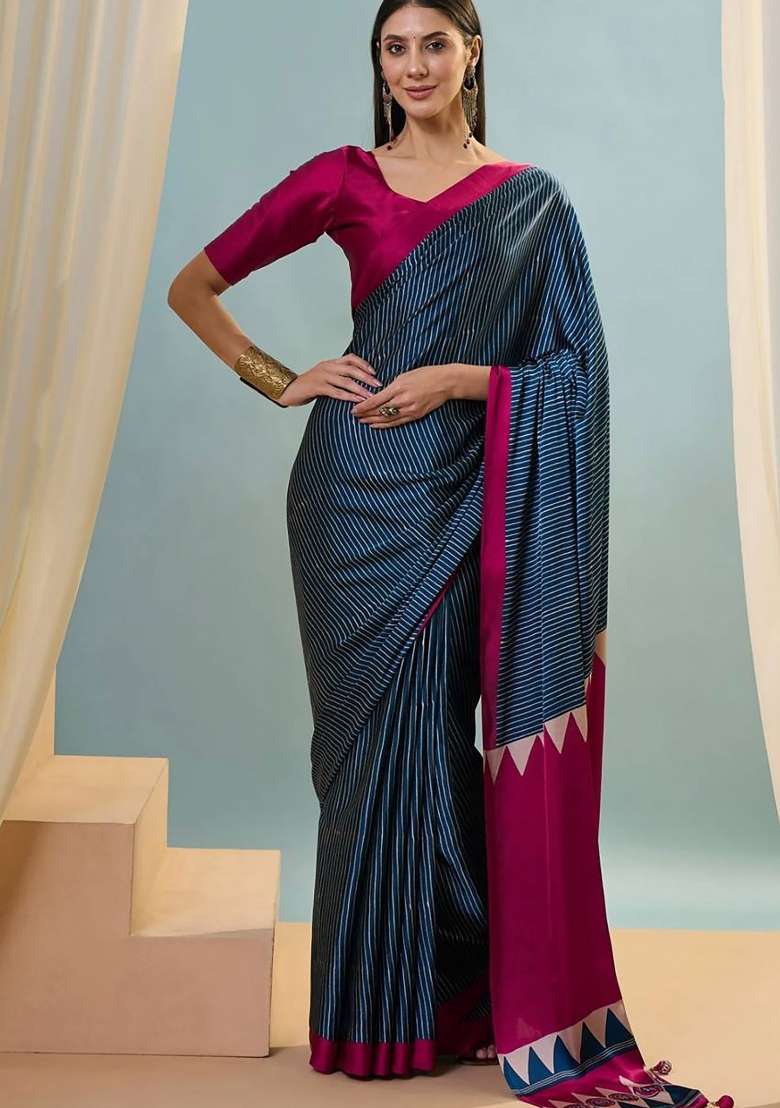 Navy Blue Striped Model Saree Set - Indya