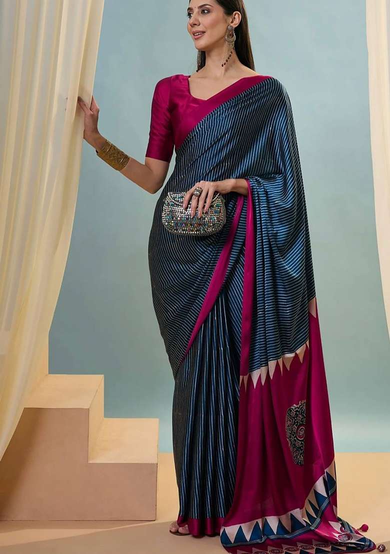 Navy Blue Striped Model Saree Set - Indya