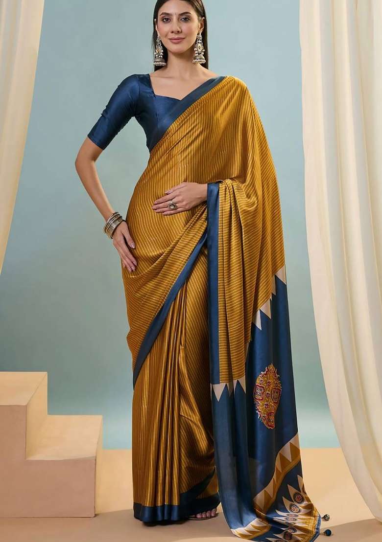 Mustard Striped Model Saree Set - Indya