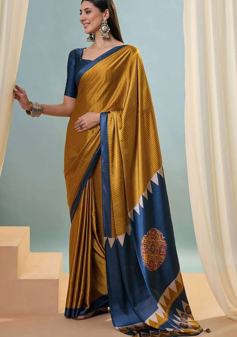 Mustard Striped Model Saree Set - Indya