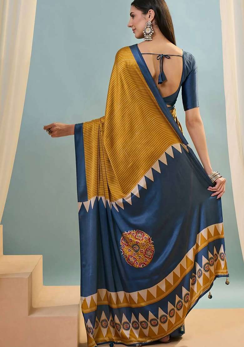 Mustard Striped Model Saree Set - Indya