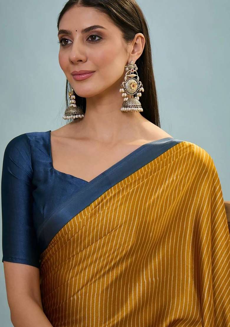 Mustard Striped Model Saree Set - Indya