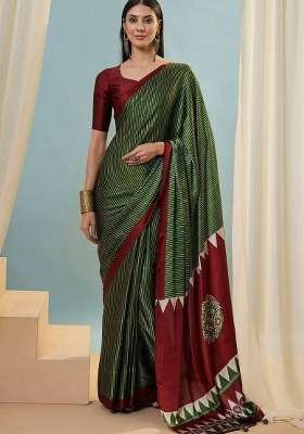Mehendi Green Striped Model Saree Set