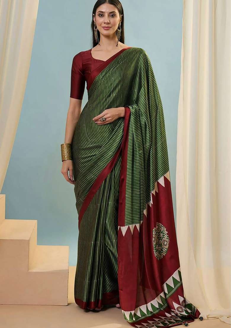 Mehendi Green Striped Model Saree Set - Indya