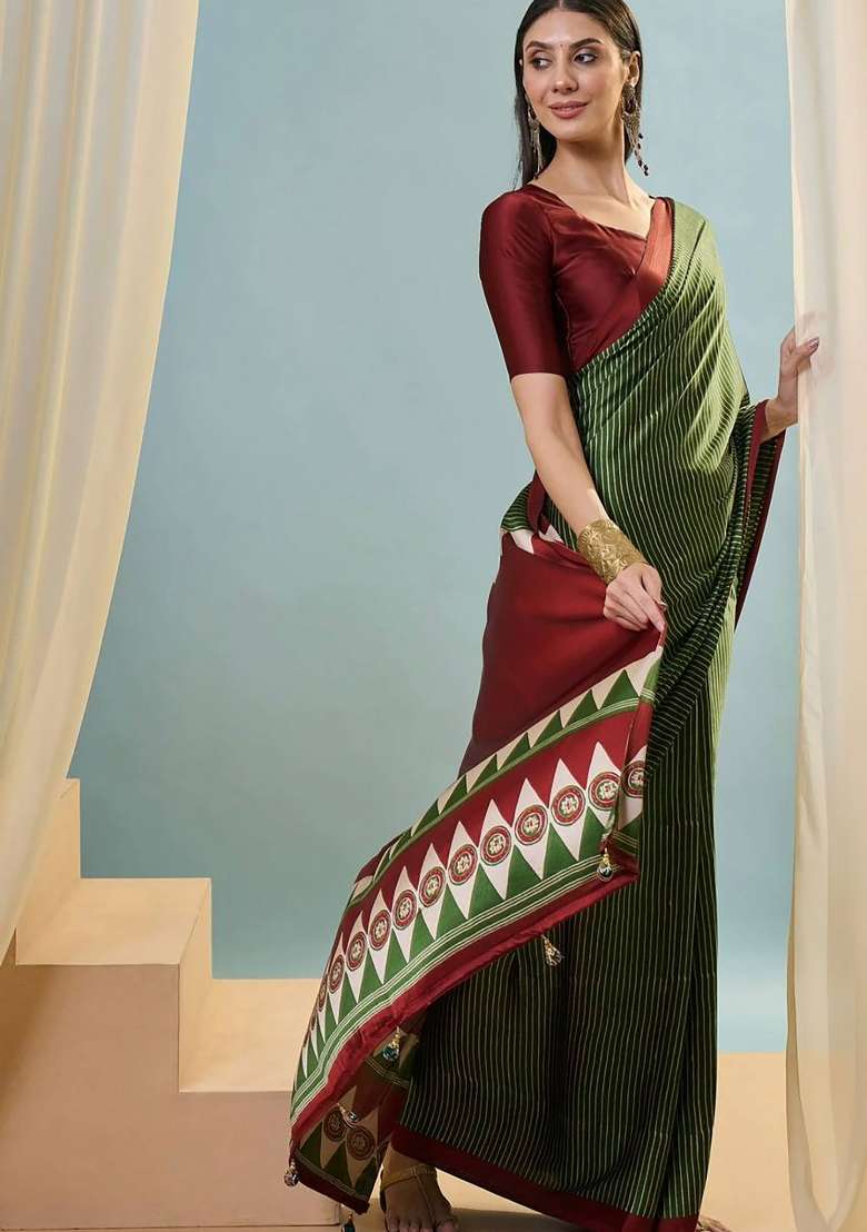 Mehendi Green Striped Model Saree Set - Indya