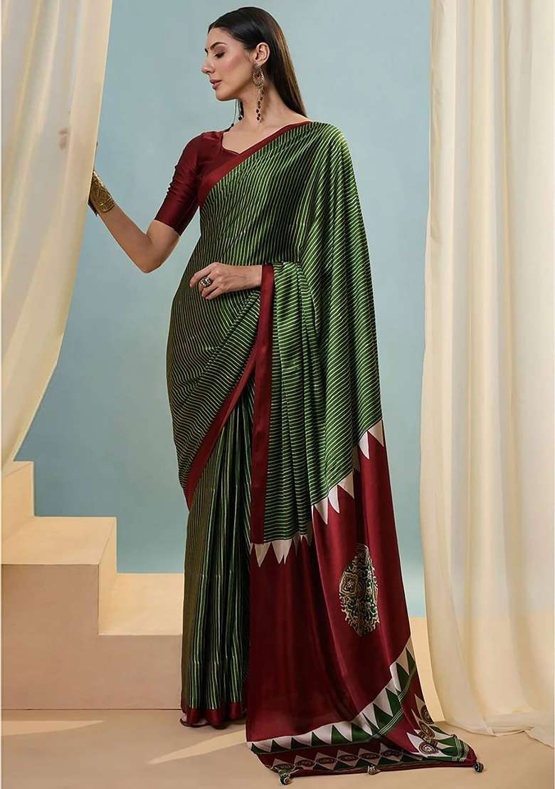 Mehendi Green Striped Model Saree Set - Indya