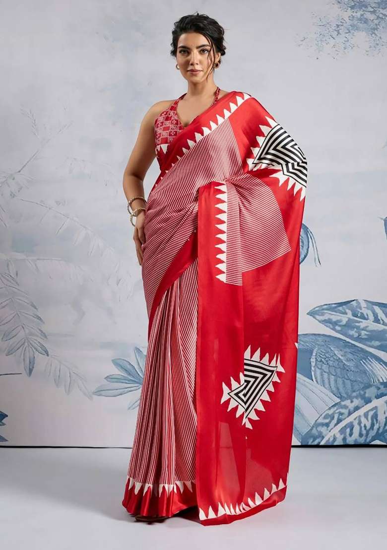 Orange Striped Model Saree Set - Indya