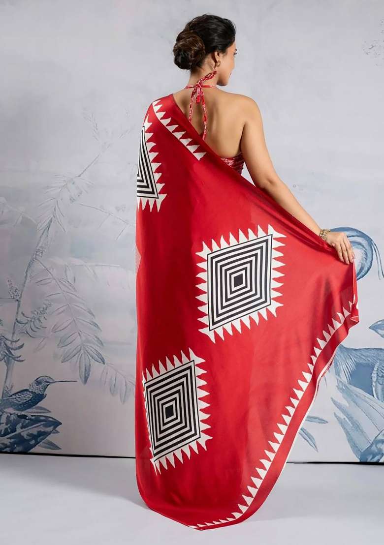 Orange Striped Model Saree Set - Indya