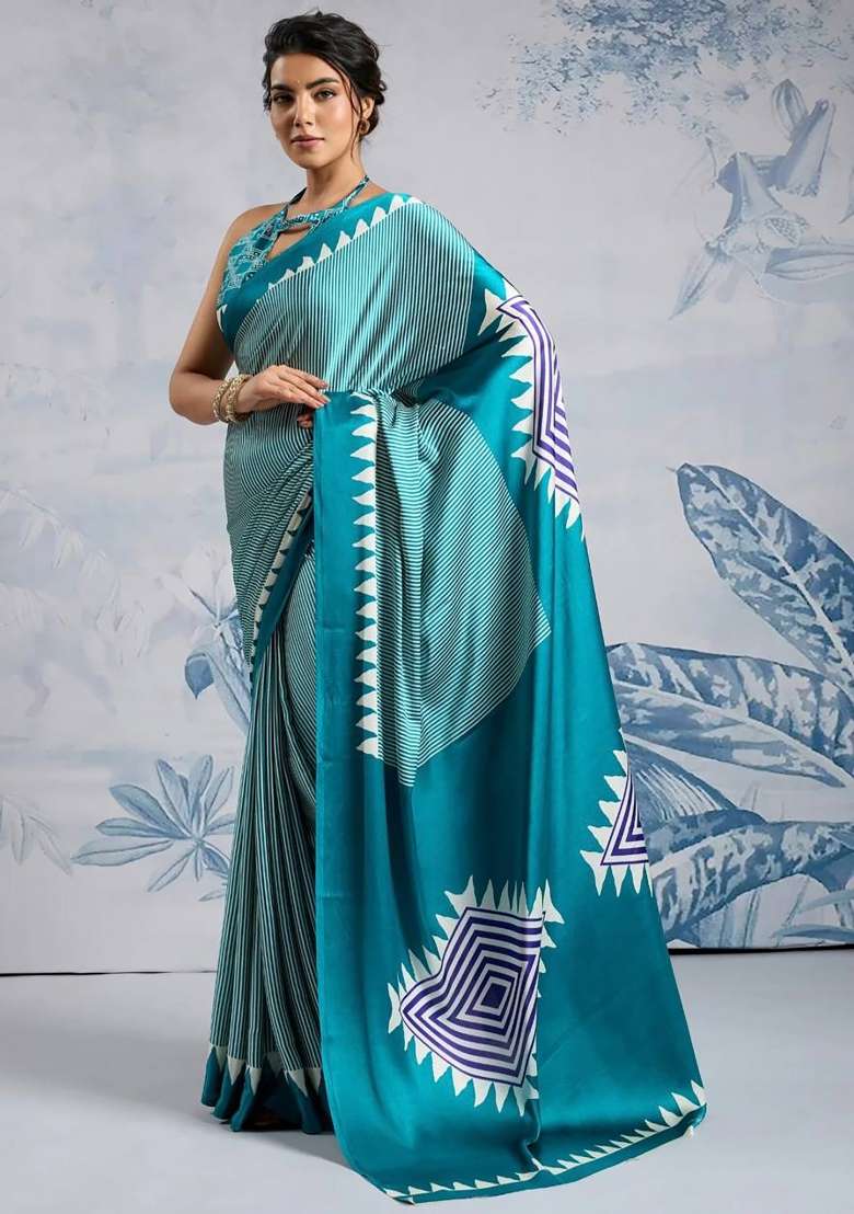 Teal Striped Model Saree Set - Indya