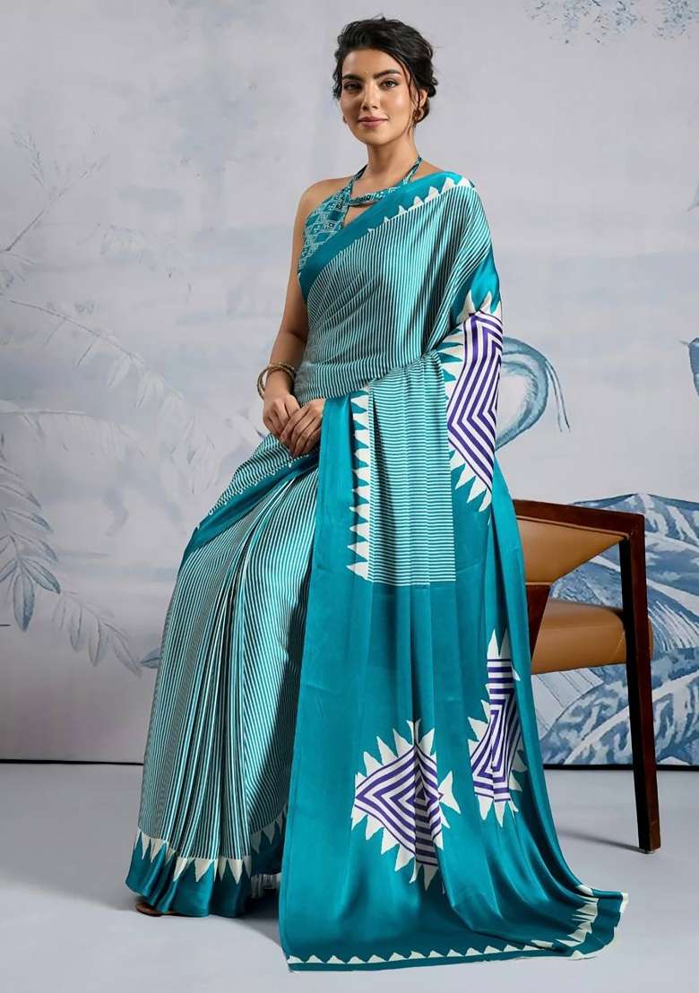 Teal Striped Model Saree Set - Indya