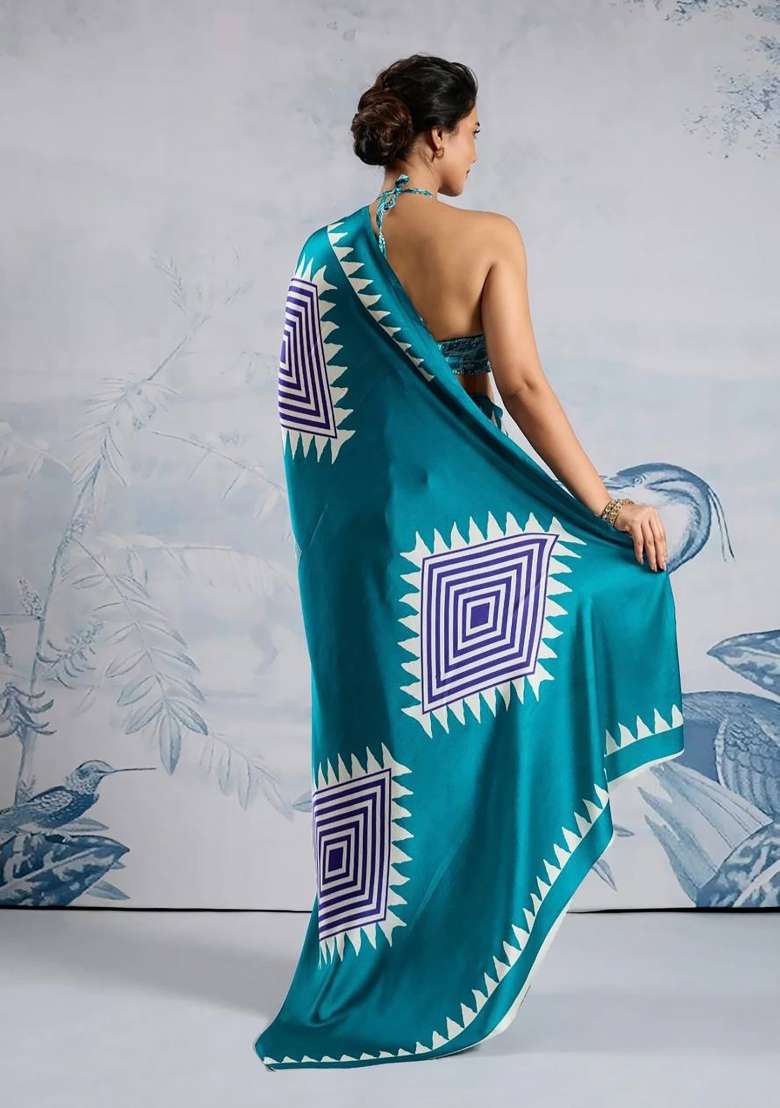 Teal Striped Model Saree Set - Indya