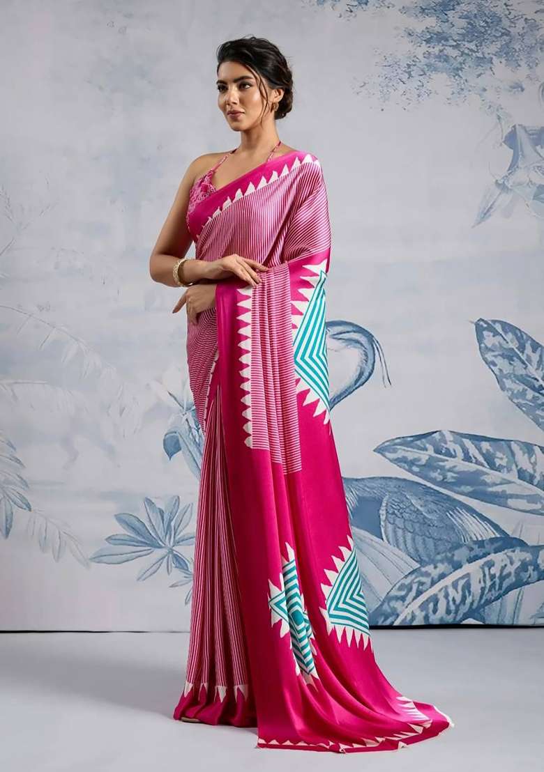 Baby Pink Striped Model Saree Set - Indya