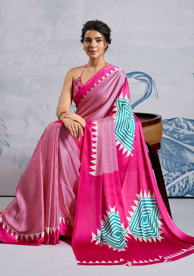 Baby Pink Striped Model Saree Set - Indya