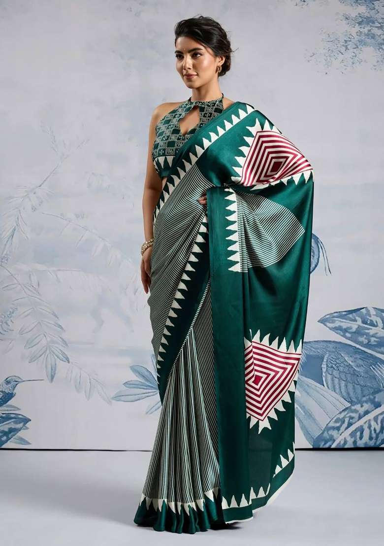 Green Striped Model Saree Set - Indya