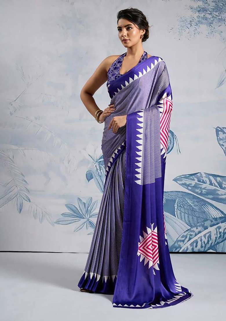 Blue Striped Model Saree Set - Indya